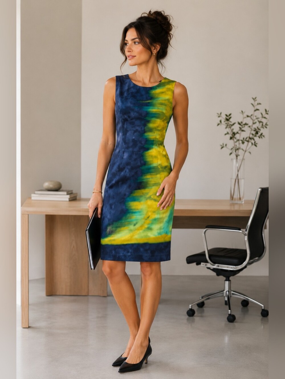 Elie Tahari Colorblock Sheath Dress Watercolor Print Sleeveless Cotton Blend 10 - Picture 2 of 16